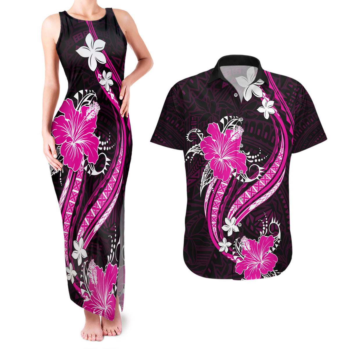 Pink Polynesian Pattern With Tropical Flowers Couples Matching Tank Maxi Dress and Hawaiian Shirt LT05 Pink - Polynesian Pride
