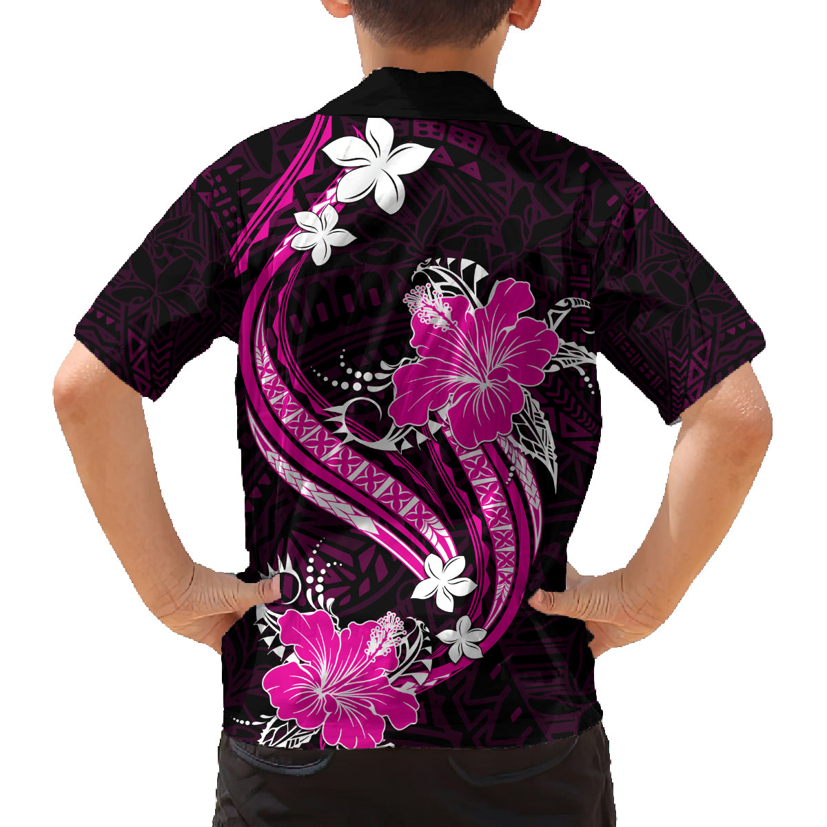 Pink Polynesian Pattern With Tropical Flowers Family Matching Off Shoulder Long Sleeve Dress and Hawaiian Shirt LT05 - Polynesian Pride