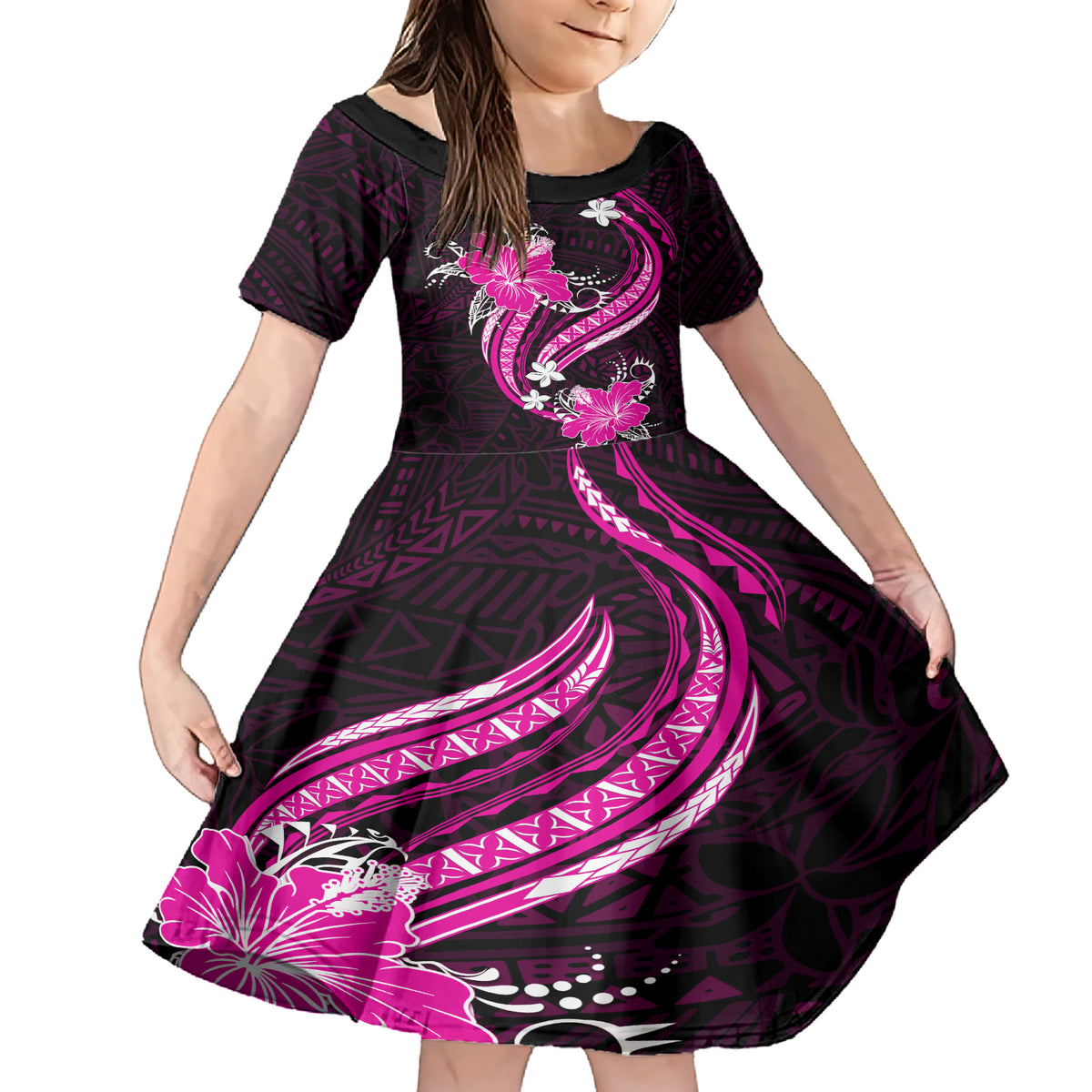 Pink Polynesian Pattern With Tropical Flowers Family Matching Short Sleeve Bodycon Dress and Hawaiian Shirt LT05 Daughter's Dress Pink - Polynesian Pride