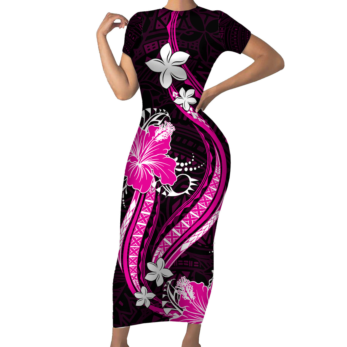 Pink Polynesian Pattern With Tropical Flowers Family Matching Short Sleeve Bodycon Dress and Hawaiian Shirt LT05 Mom's Dress Pink - Polynesian Pride