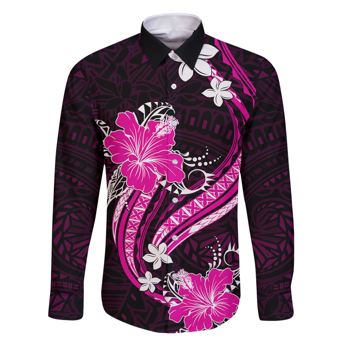 Pink Polynesian Pattern With Tropical Flowers Family Matching Summer Maxi Dress and Hawaiian Shirt LT05 Dad's Shirt - Long Sleeve Pink - Polynesian Pride