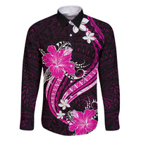 Pink Polynesian Pattern With Tropical Flowers Family Matching Tank Maxi Dress and Hawaiian Shirt LT05 Dad's Shirt - Long Sleeve Pink - Polynesian Pride