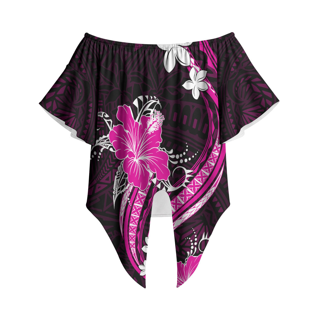 Pink Polynesian Pattern With Tropical Flowers Off Shoulder Wrap Waist Top LT05 Pink - Polynesian Pride
