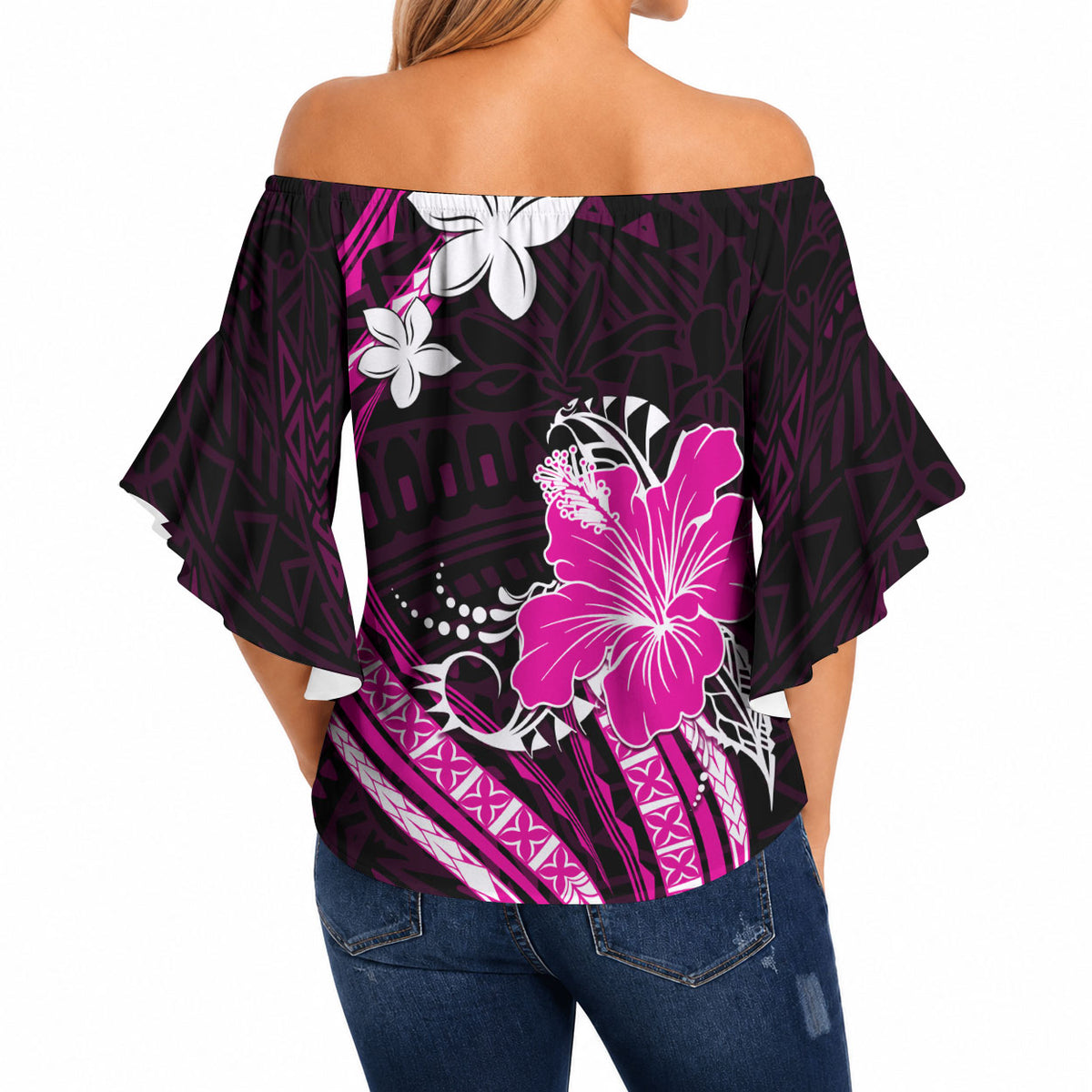 Pink Polynesian Pattern With Tropical Flowers Off Shoulder Wrap Waist Top LT05 - Polynesian Pride