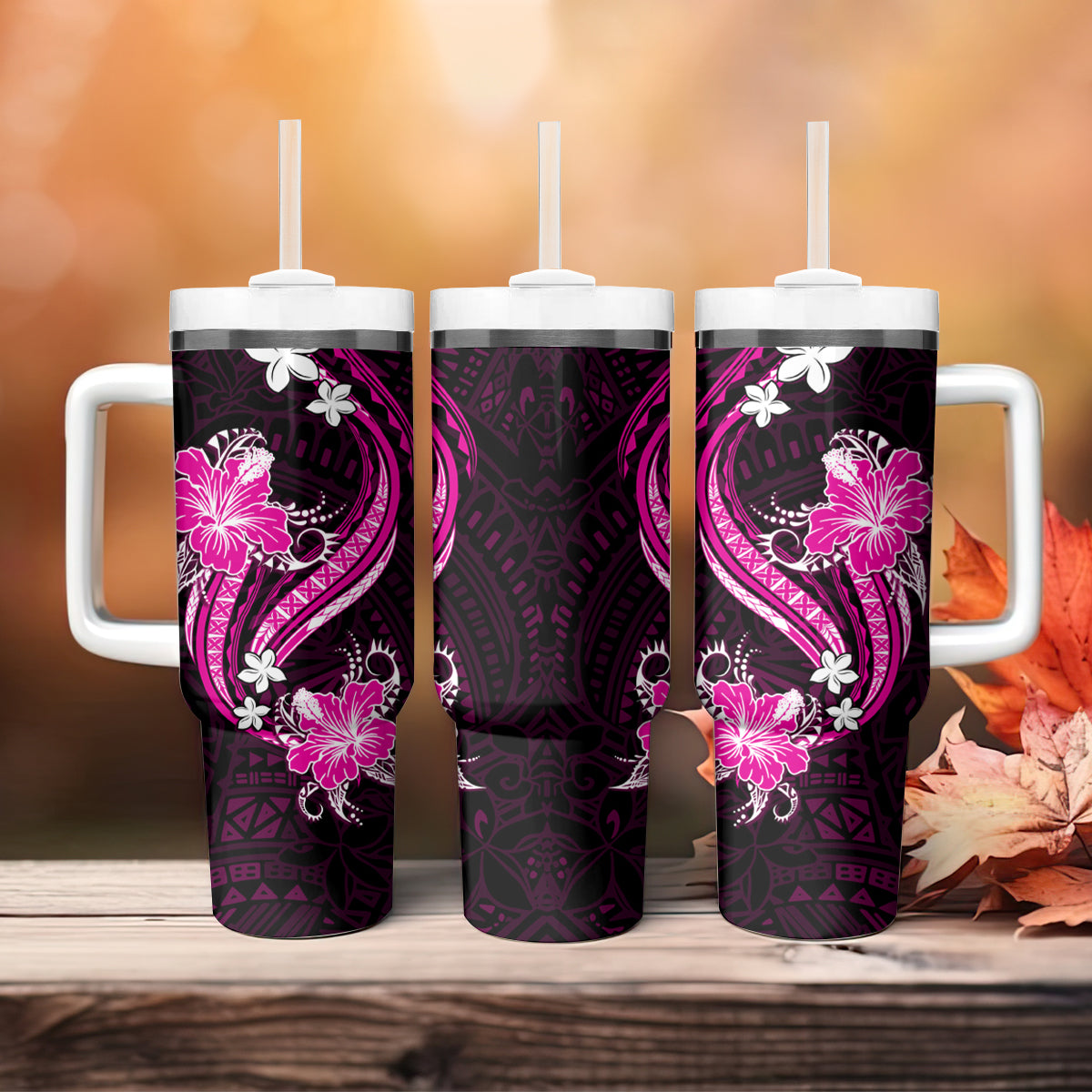 Pink Polynesian Pattern With Tropical Flowers Tumbler With Handle