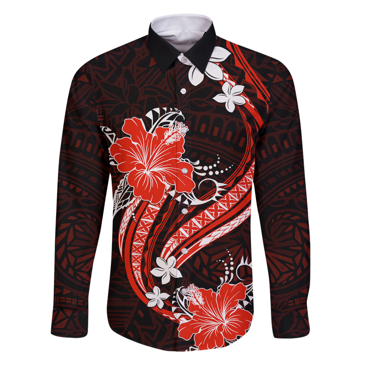 Red Polynesian Pattern With Tropical Flowers Family Matching Off Shoulder Long Sleeve Dress and Hawaiian Shirt LT05 Dad's Shirt - Long Sleeve Red - Polynesian Pride