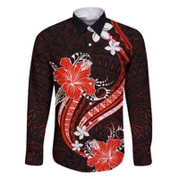 Red Polynesian Pattern With Tropical Flowers Family Matching Off Shoulder Long Sleeve Dress and Hawaiian Shirt LT05 Dad's Shirt - Long Sleeve Red - Polynesian Pride