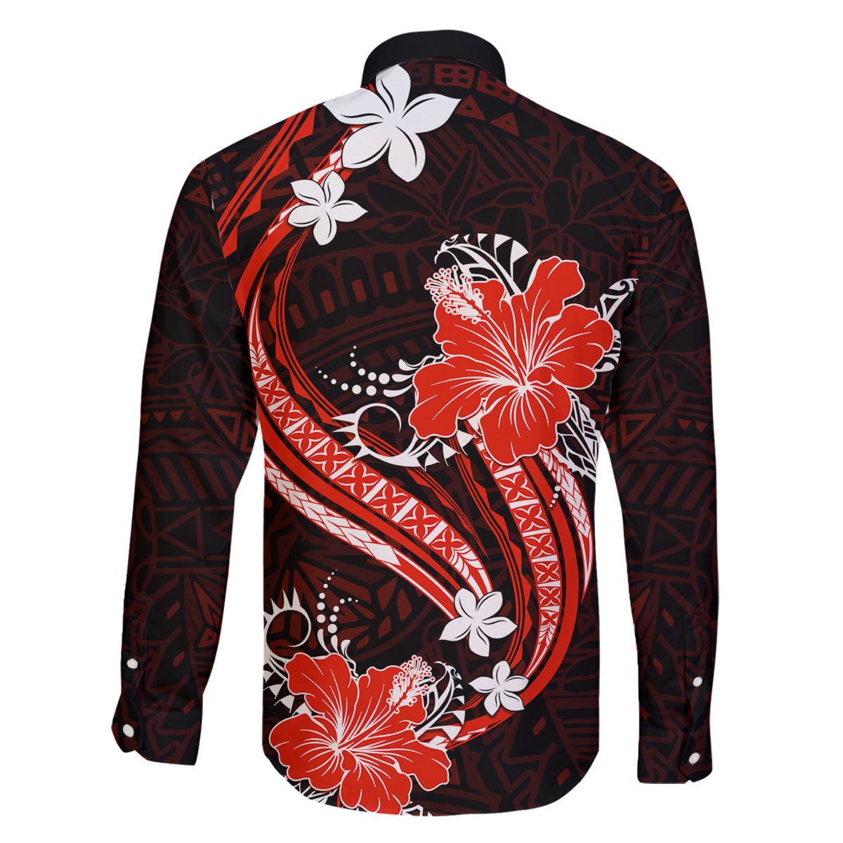 Red Polynesian Pattern With Tropical Flowers Family Matching Off Shoulder Long Sleeve Dress and Hawaiian Shirt LT05 - Polynesian Pride
