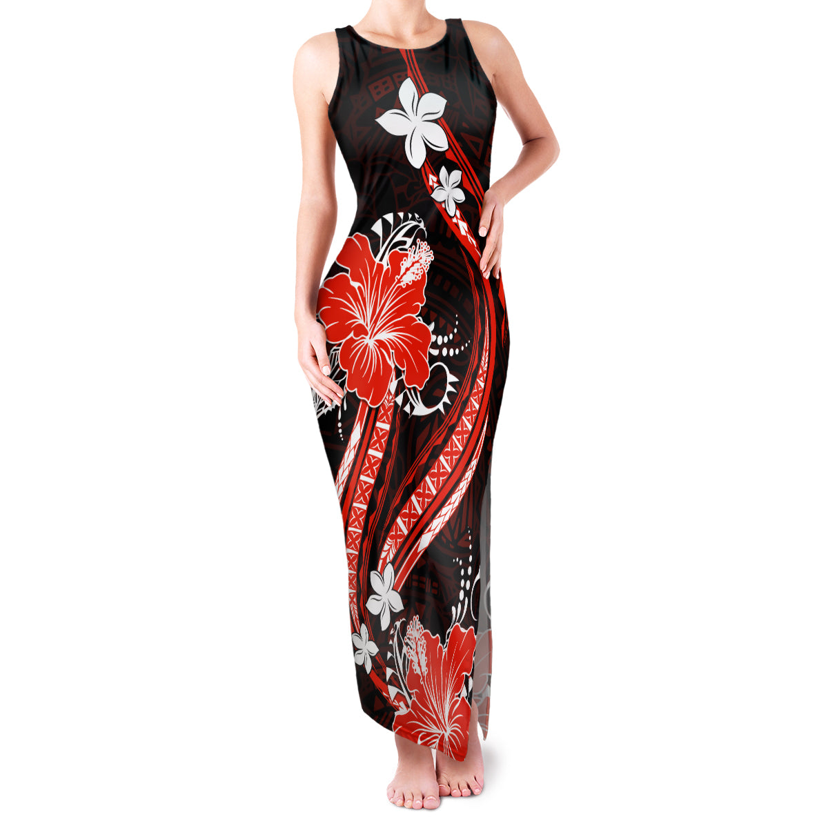 Red Polynesian Pattern With Tropical Flowers Family Matching Tank Maxi Dress and Hawaiian Shirt LT05 Mom's Dress Red - Polynesian Pride