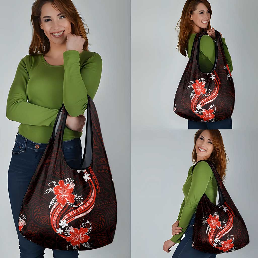 Red Polynesian Pattern With Tropical Flowers Grocery Bag