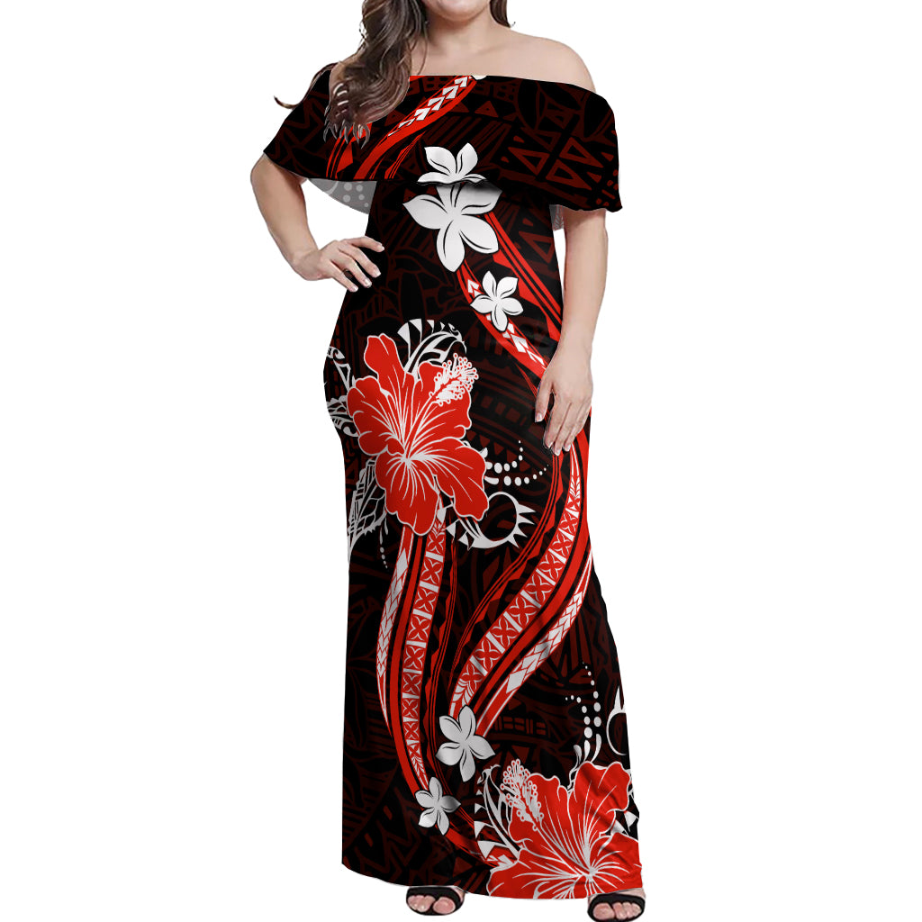 Red Polynesian Pattern With Tropical Flowers Off Shoulder Maxi Dress LT05 Women Red - Polynesian Pride