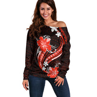 Red Polynesian Pattern With Tropical Flowers Off Shoulder Sweater LT05 Women Red - Polynesian Pride