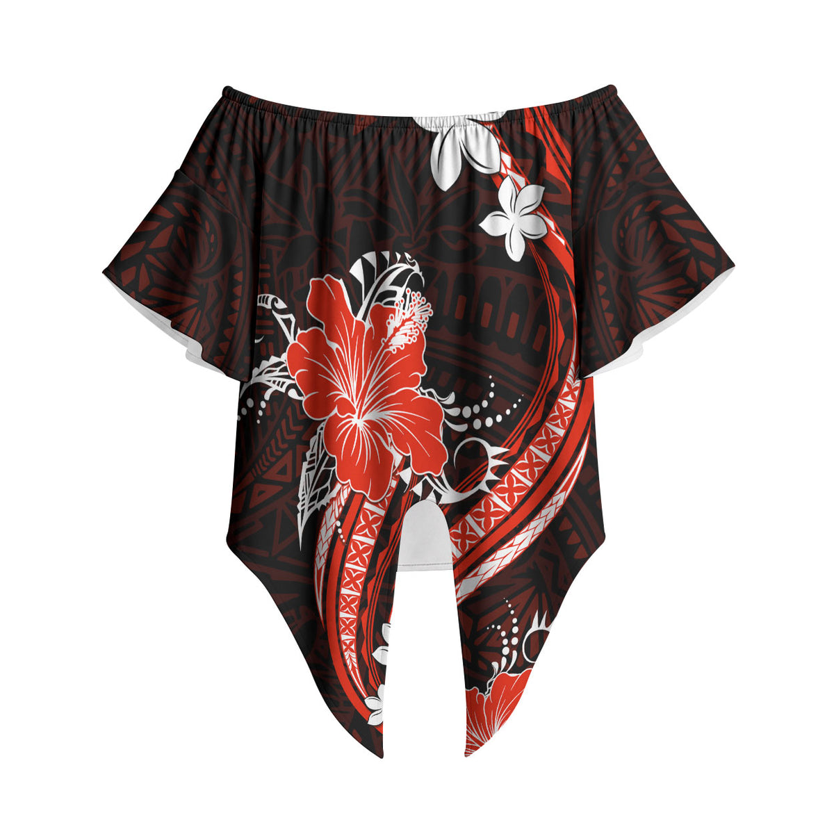 Red Polynesian Pattern With Tropical Flowers Off Shoulder Wrap Waist Top LT05 Red - Polynesian Pride