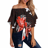 Red Polynesian Pattern With Tropical Flowers Off Shoulder Wrap Waist Top LT05 - Polynesian Pride