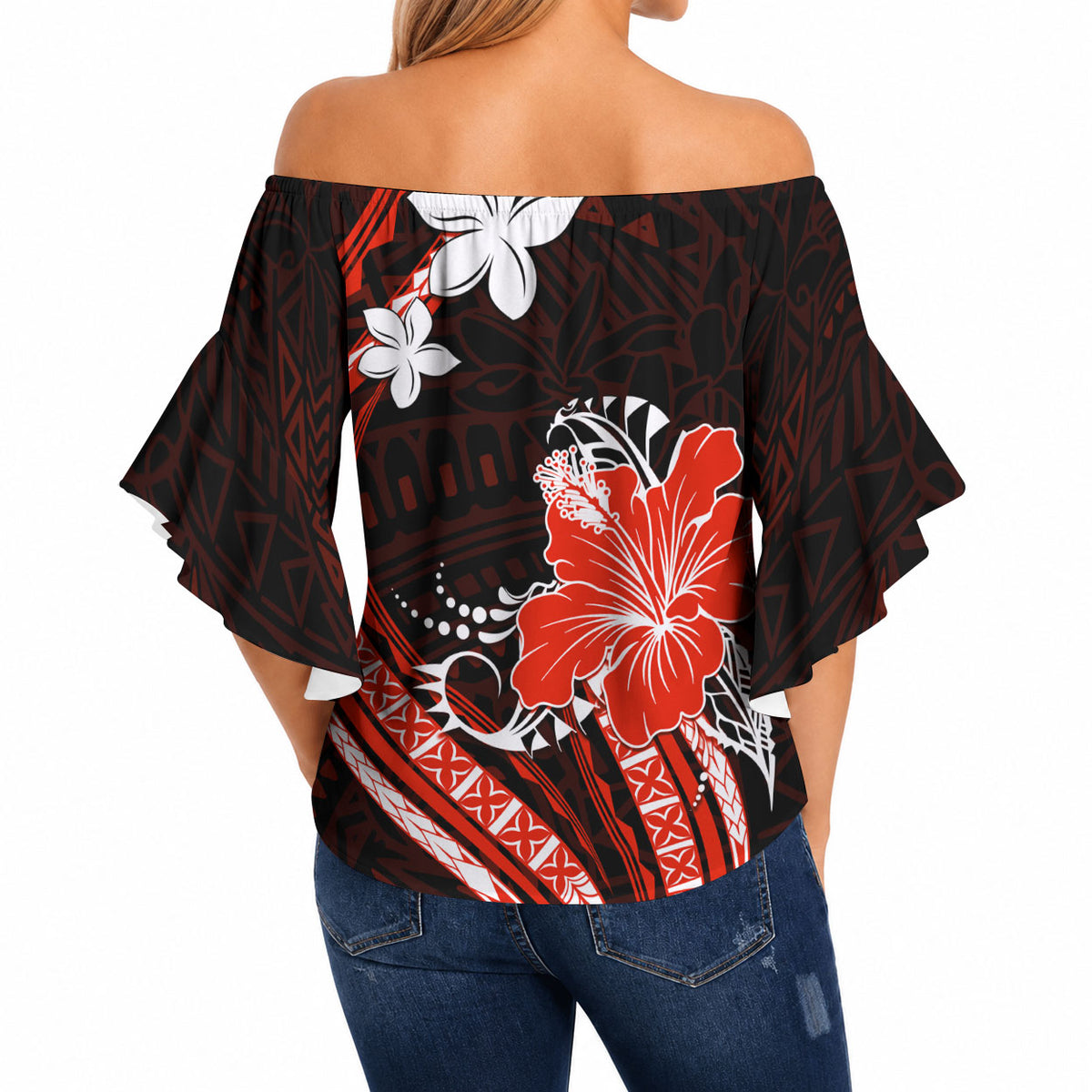 Red Polynesian Pattern With Tropical Flowers Off Shoulder Wrap Waist Top LT05 - Polynesian Pride