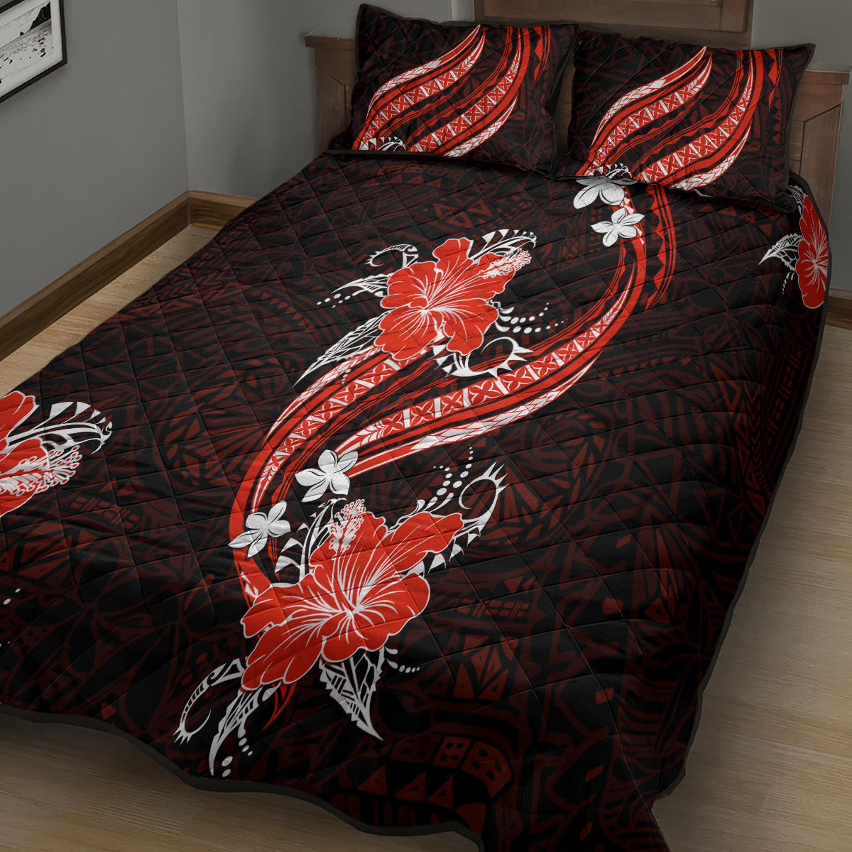 Red Polynesian Pattern With Tropical Flowers Quilt Bed Set LT05 - Polynesian Pride
