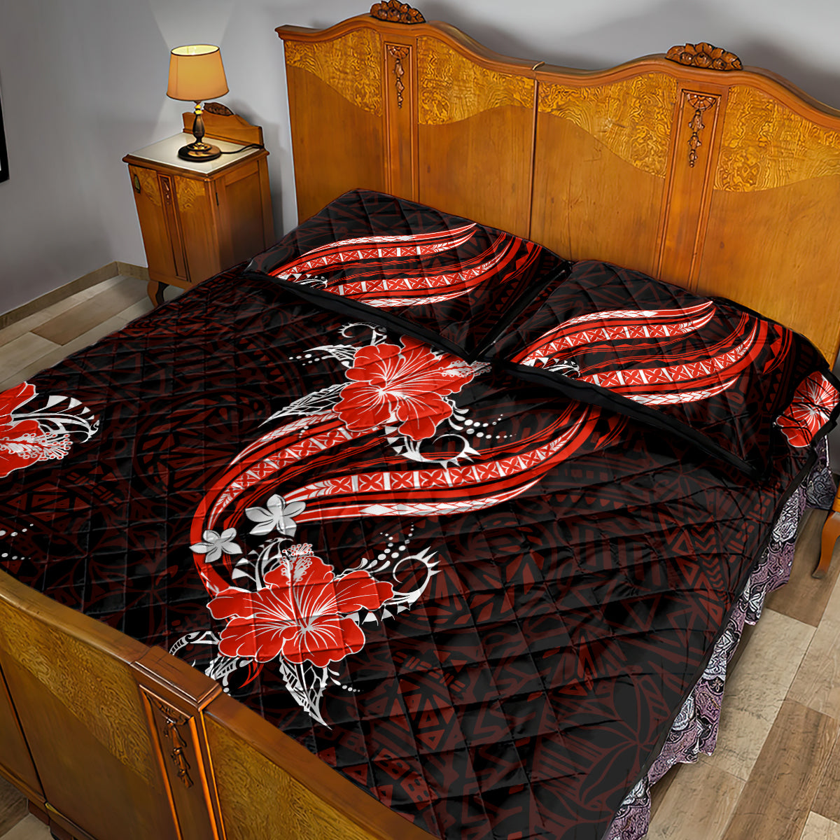 Red Polynesian Pattern With Tropical Flowers Quilt Bed Set LT05 - Polynesian Pride