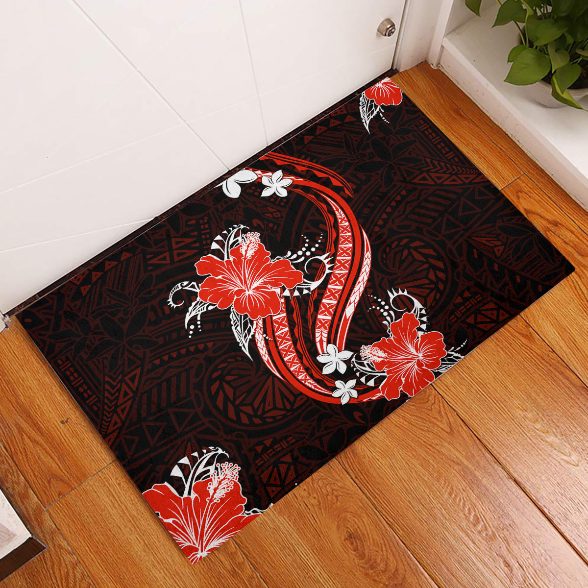 Red Polynesian Pattern With Tropical Flowers Rubber Doormat LT05 Red - Polynesian Pride