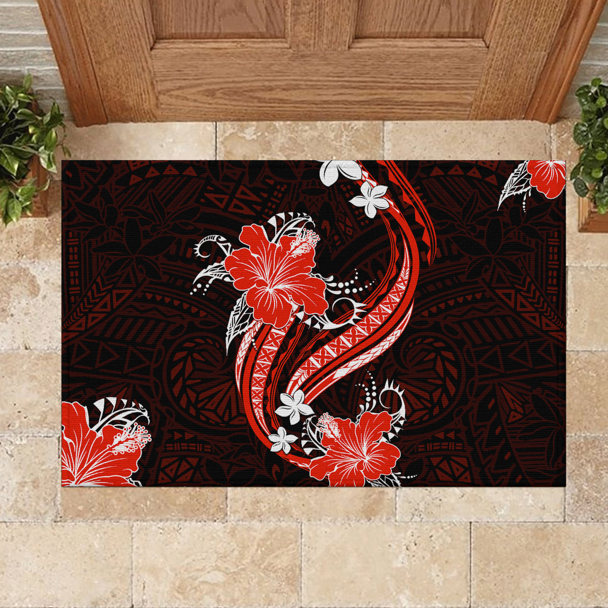 Red Polynesian Pattern With Tropical Flowers Rubber Doormat LT05 - Polynesian Pride