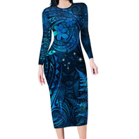 New Zealand Matariki Family Matching Long Sleeve Bodycon Dress and Hawaiian Shirt - Maori New Year LT05 Mom's Dress Blue - Polynesian Pride