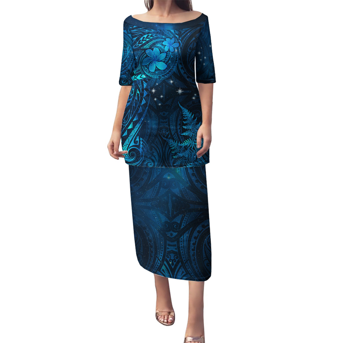 New Zealand Matariki Family Matching Puletasi and Hawaiian Shirt Maori New Year LT05 Mom's Dress Blue - Polynesian Pride