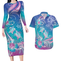 Polynesia Sea Turtle Couple Couples Matching Long Sleeve Bodycon Dress and Hawaiian Shirt Love Is Life LT05 Blue - Polynesian Pride