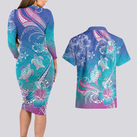 Polynesia Sea Turtle Couple Couples Matching Long Sleeve Bodycon Dress and Hawaiian Shirt Love Is Life LT05 - Polynesian Pride