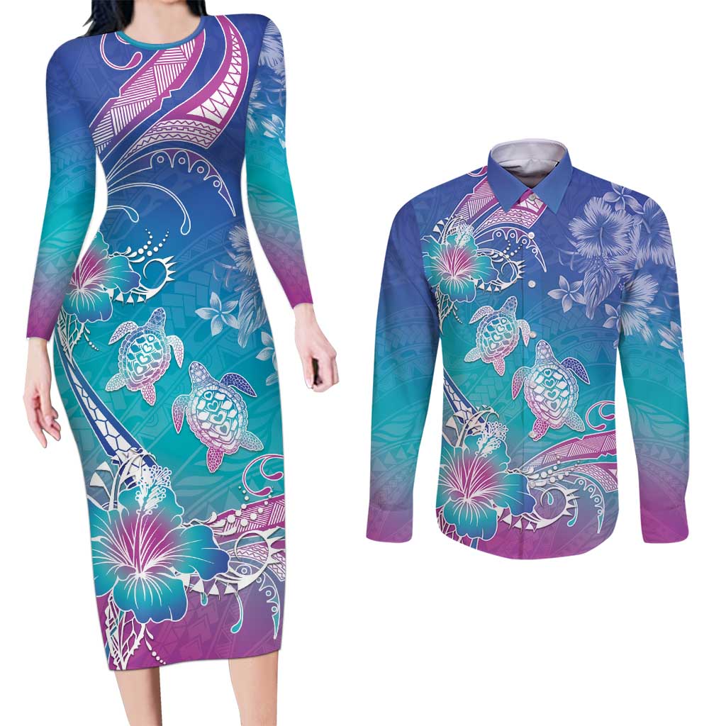 Polynesia Sea Turtle Couple Couples Matching Long Sleeve Bodycon Dress and Long Sleeve Button Shirt Love Is Life LT05 Blue - Polynesian Pride