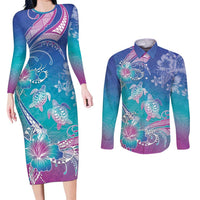 Polynesia Sea Turtle Couple Couples Matching Long Sleeve Bodycon Dress and Long Sleeve Button Shirt Love Is Life LT05 Blue - Polynesian Pride