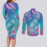 Polynesia Sea Turtle Couple Couples Matching Long Sleeve Bodycon Dress and Long Sleeve Button Shirt Love Is Life LT05 - Polynesian Pride