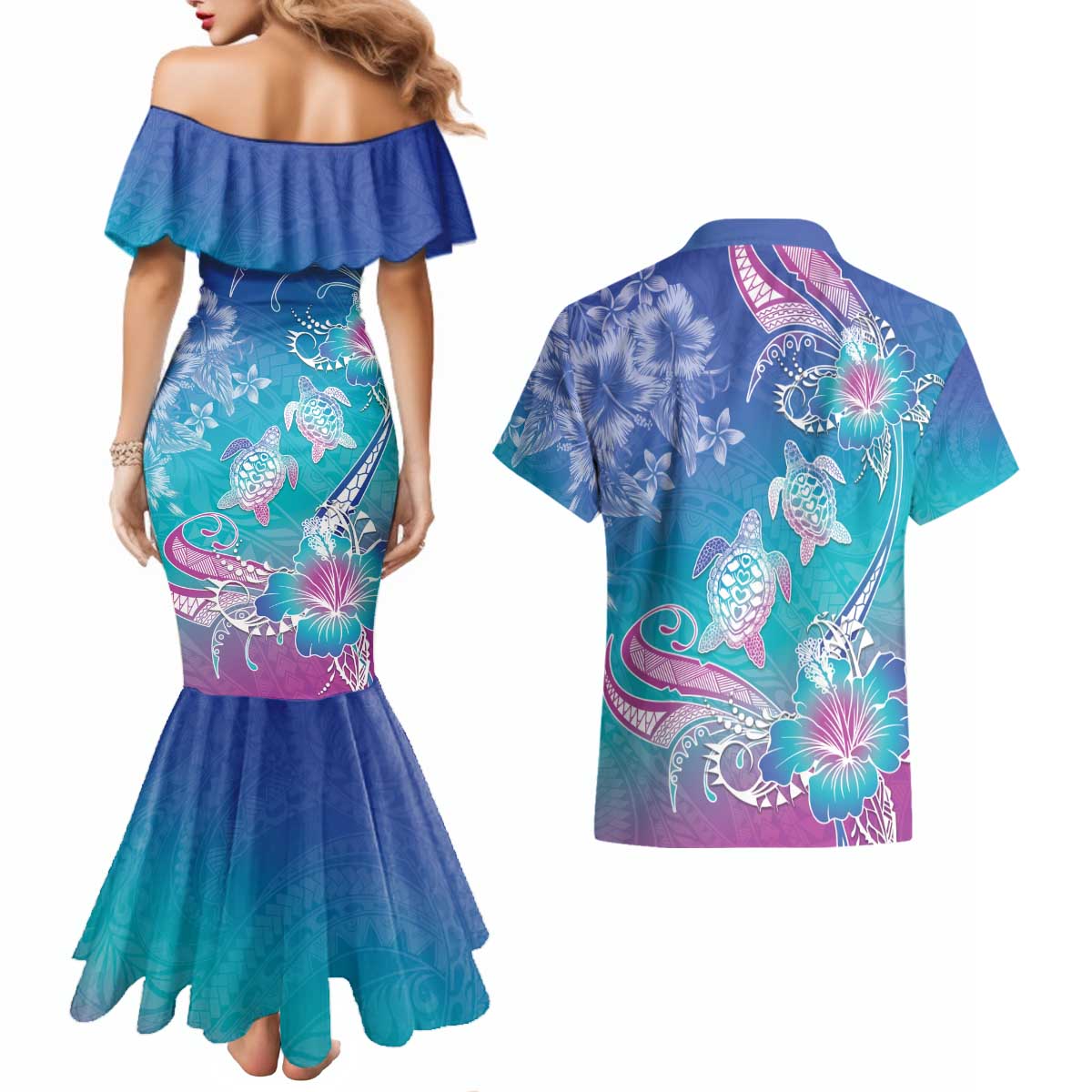 Polynesia Sea Turtle Couple Couples Matching Mermaid Dress and Hawaiian Shirt Love Is Life LT05 - Polynesian Pride
