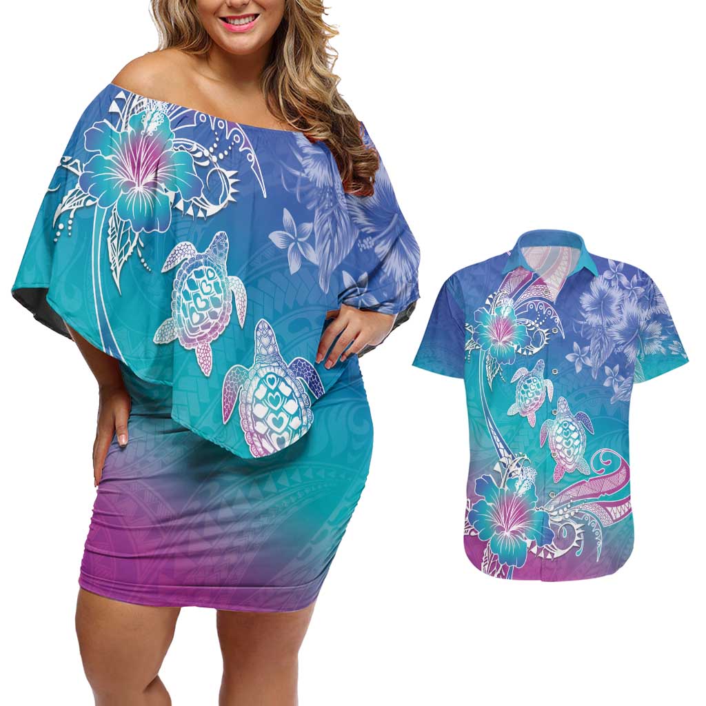 Polynesia Sea Turtle Couple Couples Matching Off Shoulder Short Dress and Hawaiian Shirt Love Is Life LT05 Blue - Polynesian Pride