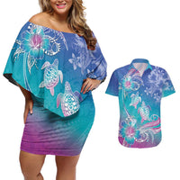 Polynesia Sea Turtle Couple Couples Matching Off Shoulder Short Dress and Hawaiian Shirt Love Is Life LT05 Blue - Polynesian Pride