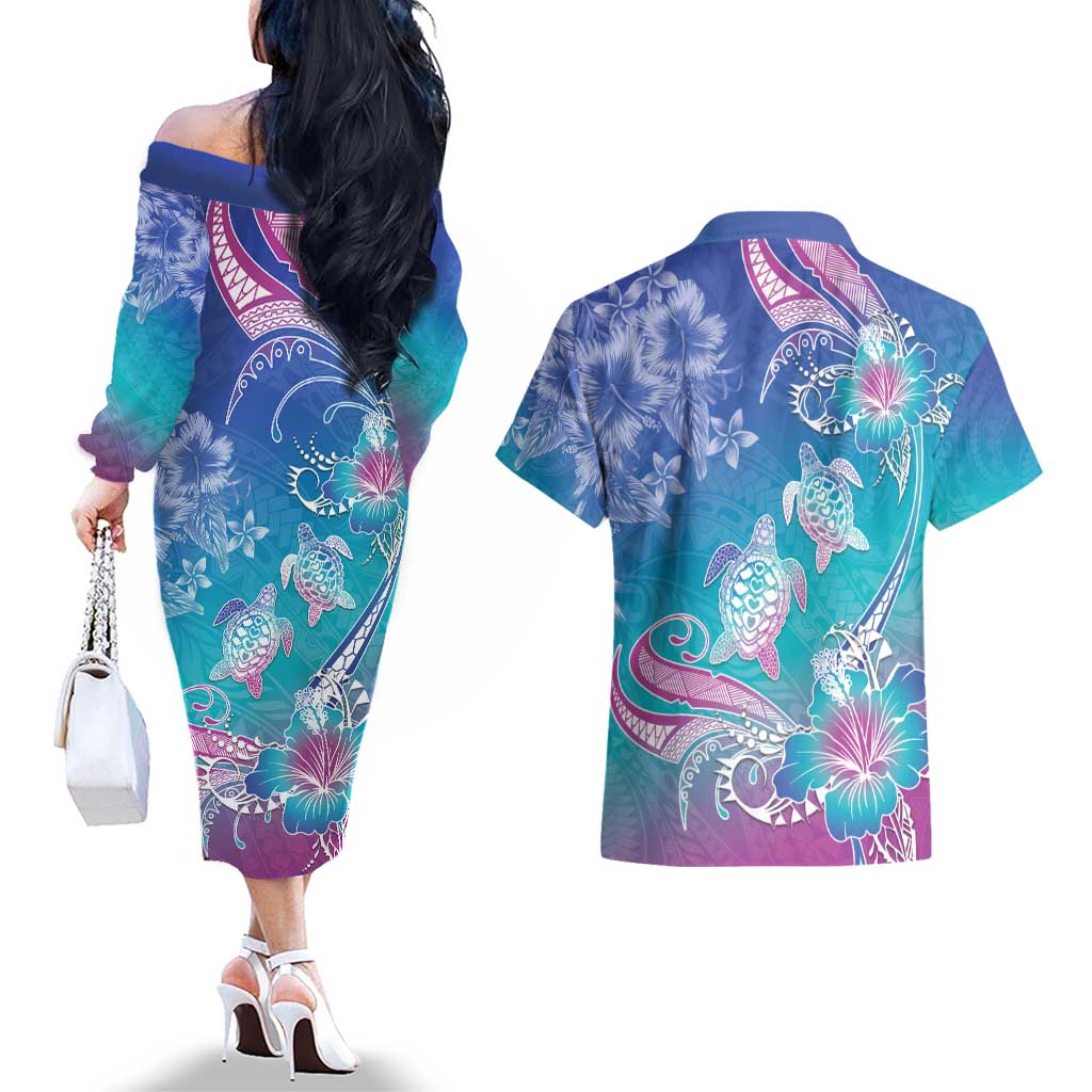 Polynesia Sea Turtle Couple Couples Matching Off The Shoulder Long Sleeve Dress and Hawaiian Shirt Love Is Life LT05 - Polynesian Pride