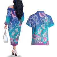 Polynesia Sea Turtle Couple Couples Matching Off The Shoulder Long Sleeve Dress and Hawaiian Shirt Love Is Life LT05 - Polynesian Pride