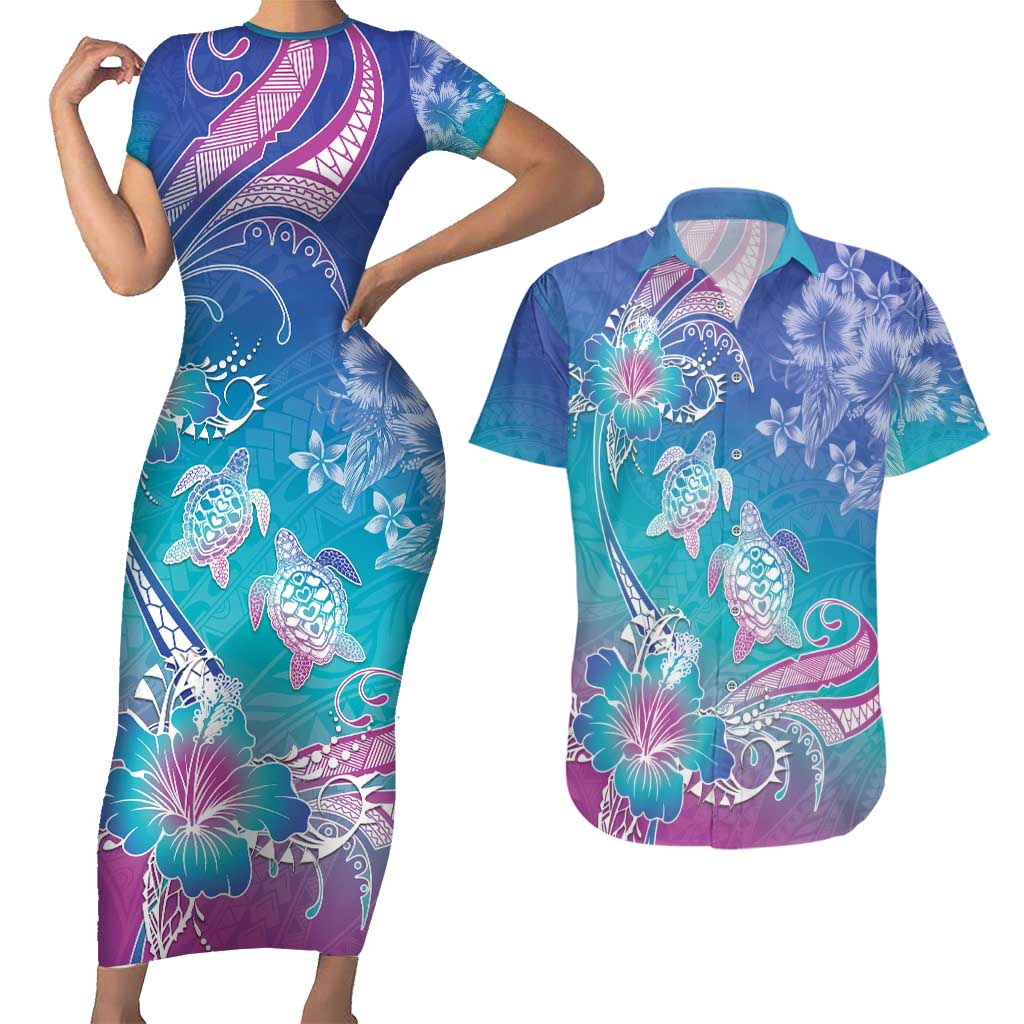 Polynesia Sea Turtle Couple Couples Matching Short Sleeve Bodycon Dress and Hawaiian Shirt Love Is Life LT05 Blue - Polynesian Pride