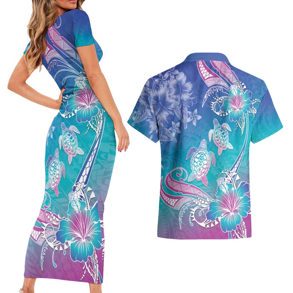 Polynesia Sea Turtle Couple Couples Matching Short Sleeve Bodycon Dress and Hawaiian Shirt Love Is Life LT05 - Polynesian Pride