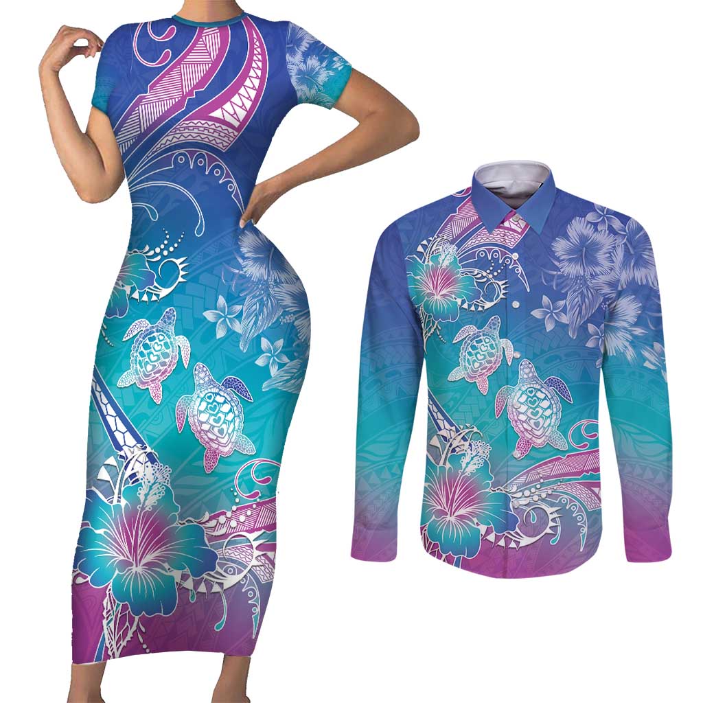 Polynesia Sea Turtle Couple Couples Matching Short Sleeve Bodycon Dress and Long Sleeve Button Shirt Love Is Life LT05 Blue - Polynesian Pride