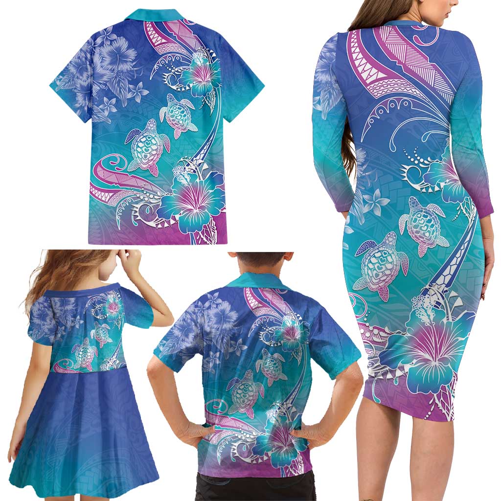 Polynesia Sea Turtle Couple Family Matching Long Sleeve Bodycon Dress and Hawaiian Shirt Love Is Life LT05 - Polynesian Pride