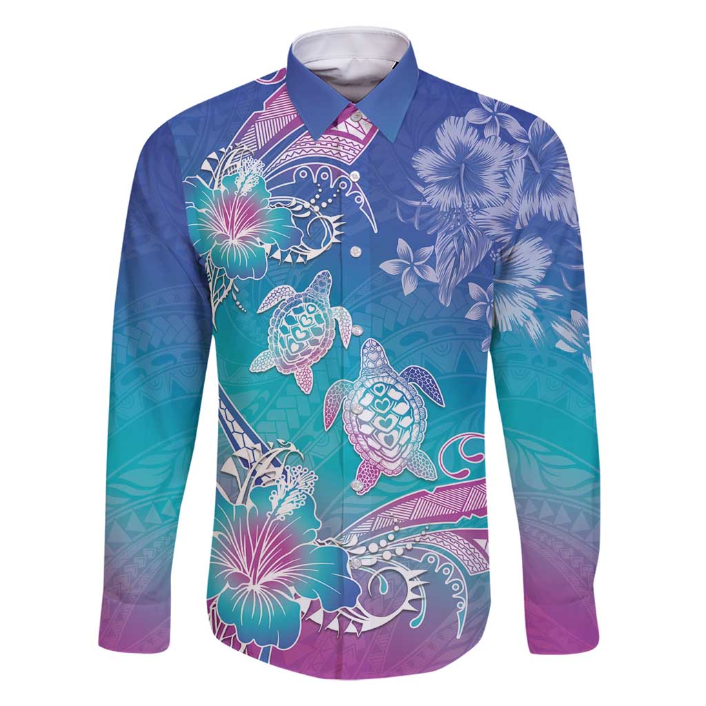 Polynesia Sea Turtle Couple Family Matching Mermaid Dress and Hawaiian Shirt Love Is Life LT05 Dad's Shirt - Long Sleeve Blue - Polynesian Pride