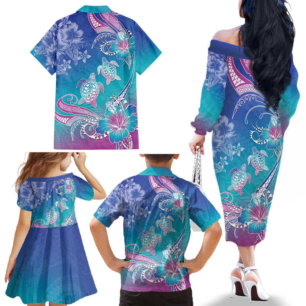 Polynesia Sea Turtle Couple Family Matching Off The Shoulder Long Sleeve Dress and Hawaiian Shirt Love Is Life LT05 - Polynesian Pride