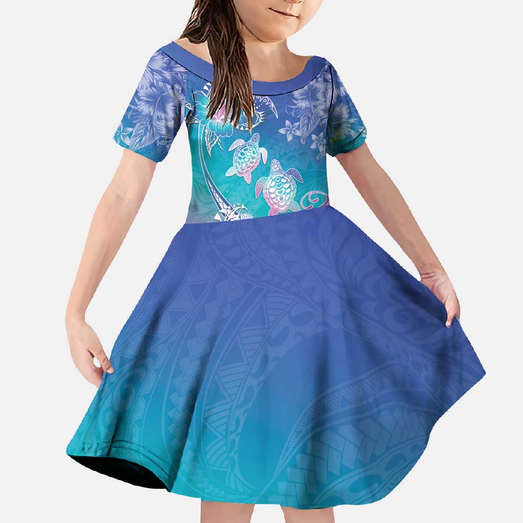 Polynesia Sea Turtle Couple Family Matching Off Shoulder Maxi Dress and Hawaiian Shirt Love Is Life LT05 Daughter's Dress Blue - Polynesian Pride