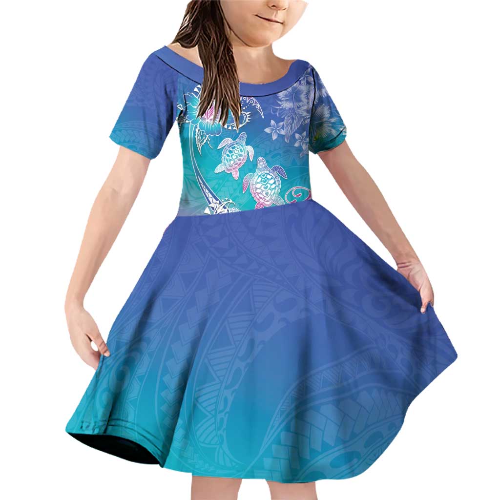 Polynesia Sea Turtle Couple Family Matching Off Shoulder Short Dress and Hawaiian Shirt Love Is Life LT05 Daughter's Dress Blue - Polynesian Pride