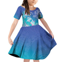 Polynesia Sea Turtle Couple Family Matching Off Shoulder Short Dress and Hawaiian Shirt Love Is Life LT05 Daughter's Dress Blue - Polynesian Pride