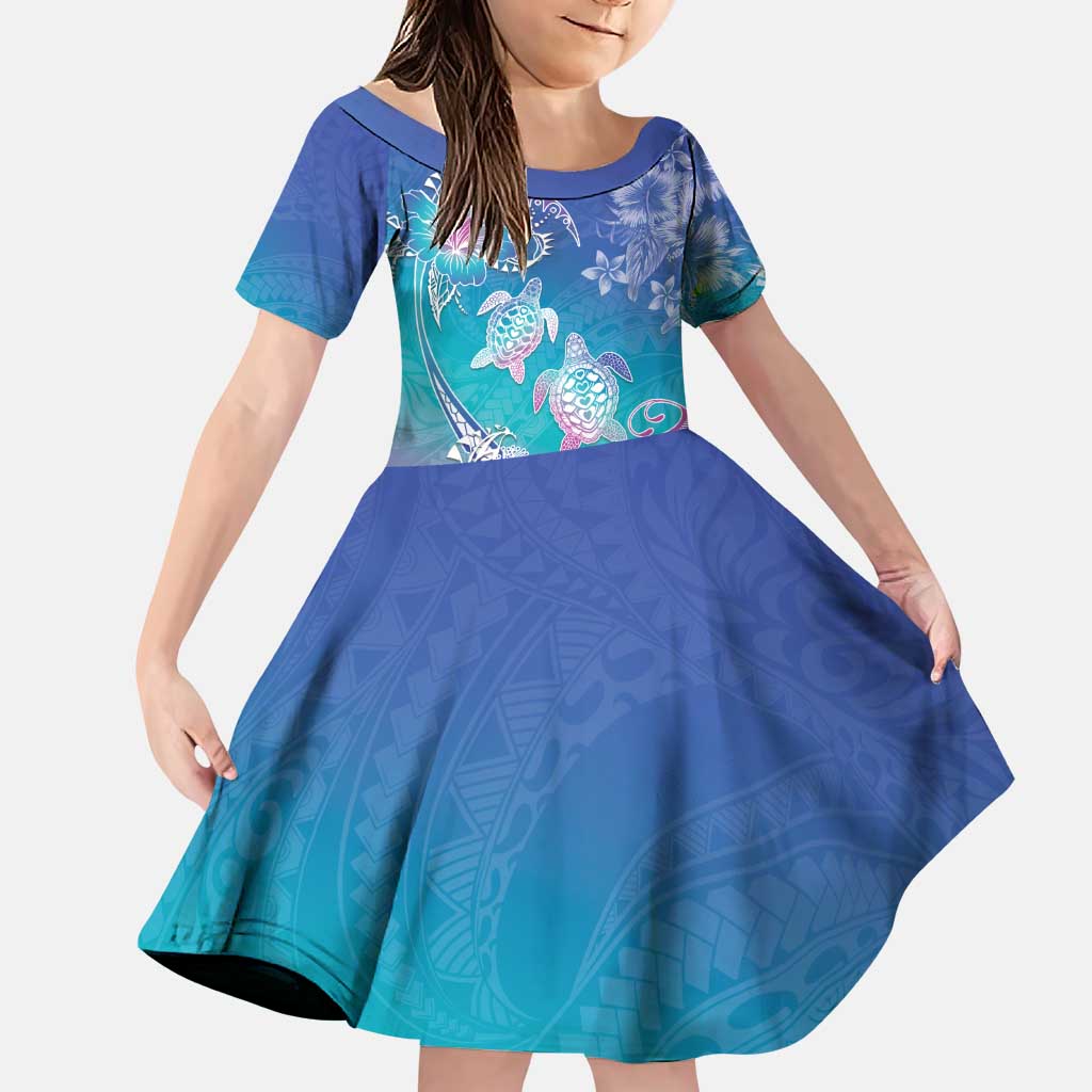 Polynesia Sea Turtle Couple Family Matching Puletasi and Hawaiian Shirt Love Is Life LT05 Daughter's Dress Blue - Polynesian Pride