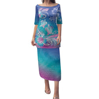 Polynesia Sea Turtle Couple Family Matching Puletasi and Hawaiian Shirt Love Is Life LT05 Mom's Dress Blue - Polynesian Pride