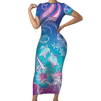Polynesia Sea Turtle Couple Family Matching Short Sleeve Bodycon Dress and Hawaiian Shirt Love Is Life LT05 Mom's Dress Blue - Polynesian Pride