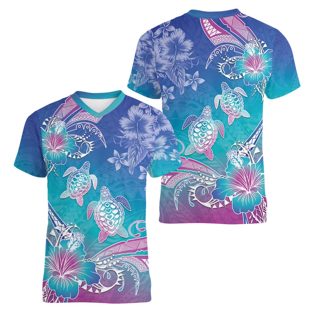 Polynesia Sea Turtle Couple Women V-Neck T-Shirt Love Is Life LT05 - Polynesian Pride