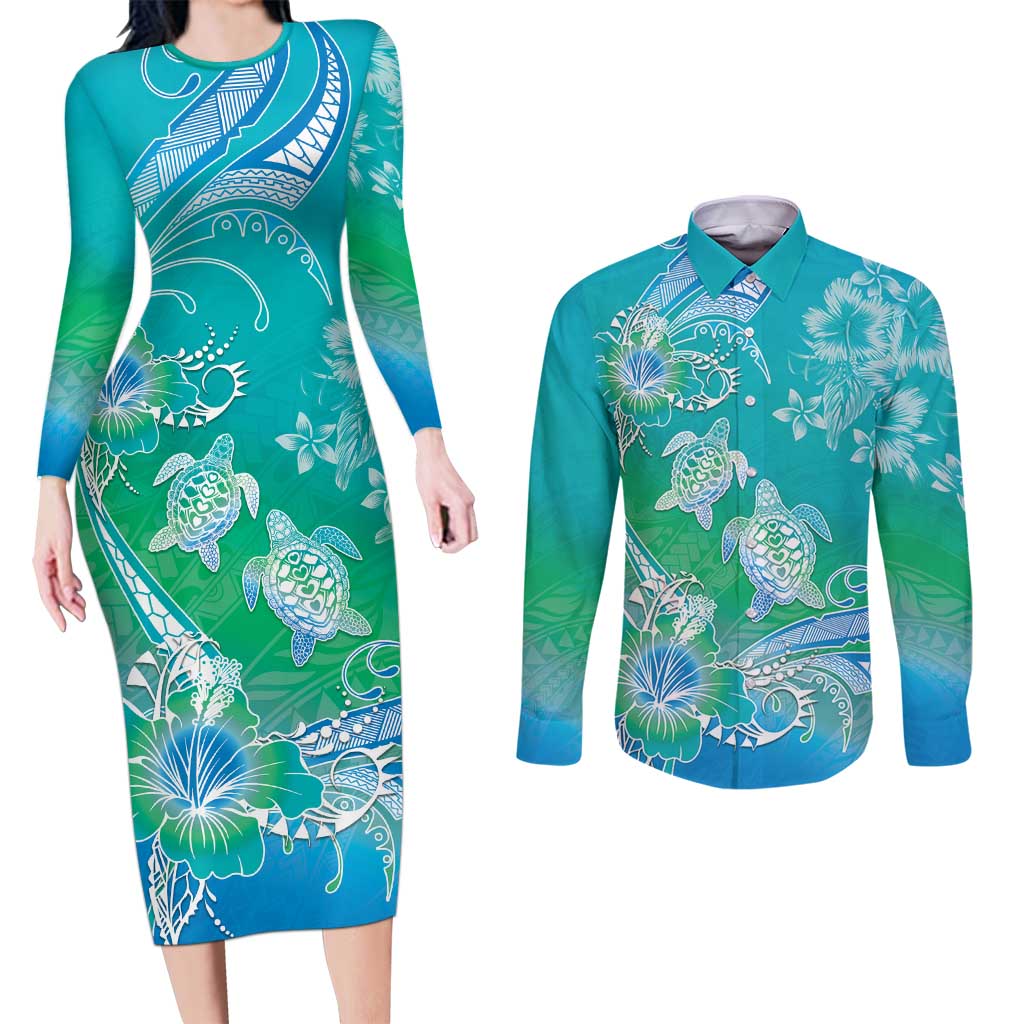 Polynesia Sea Turtle Couple Couples Matching Long Sleeve Bodycon Dress and Long Sleeve Button Shirt I Am Turtley In Love With You LT05 Turquoise - Polynesian Pride