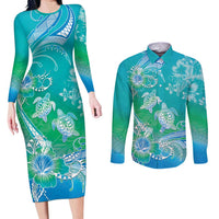 Polynesia Sea Turtle Couple Couples Matching Long Sleeve Bodycon Dress and Long Sleeve Button Shirt I Am Turtley In Love With You LT05 Turquoise - Polynesian Pride